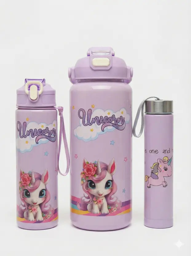 🦄💧 Unicorn Water Bottle Set – Pack of 3 | Cute • Colorful • Fun! 💧🦄