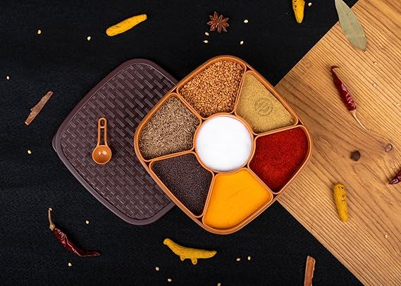 🍱✨ 7-Section Plastic Square Masala Rangoli Dabba – Neat & Handy Storage! ✨🍱
